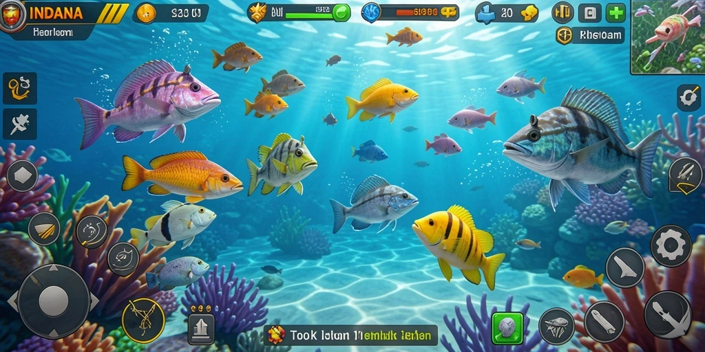 Screenshot gameplay INDAAA saat berburu ikan di lautan.