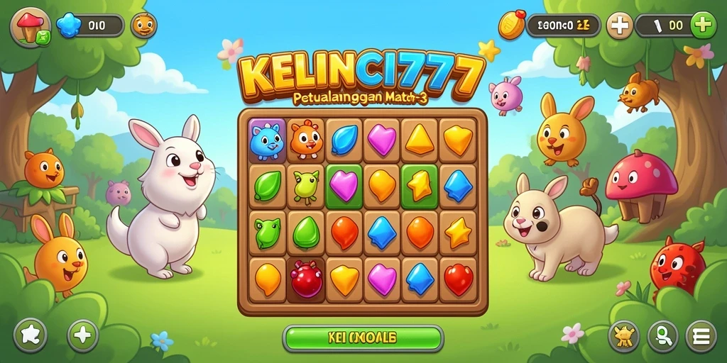 Screenshot menampilkan gameplay seru di KELINCI777 dengan level Match-3.