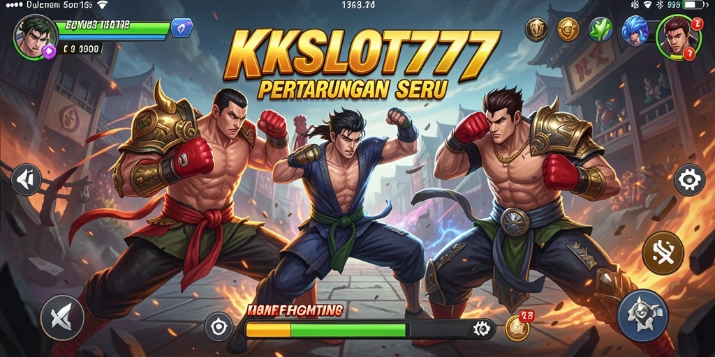 Screenshot KKSLOT777 menunjukkan pertarungan intens antar karakter.